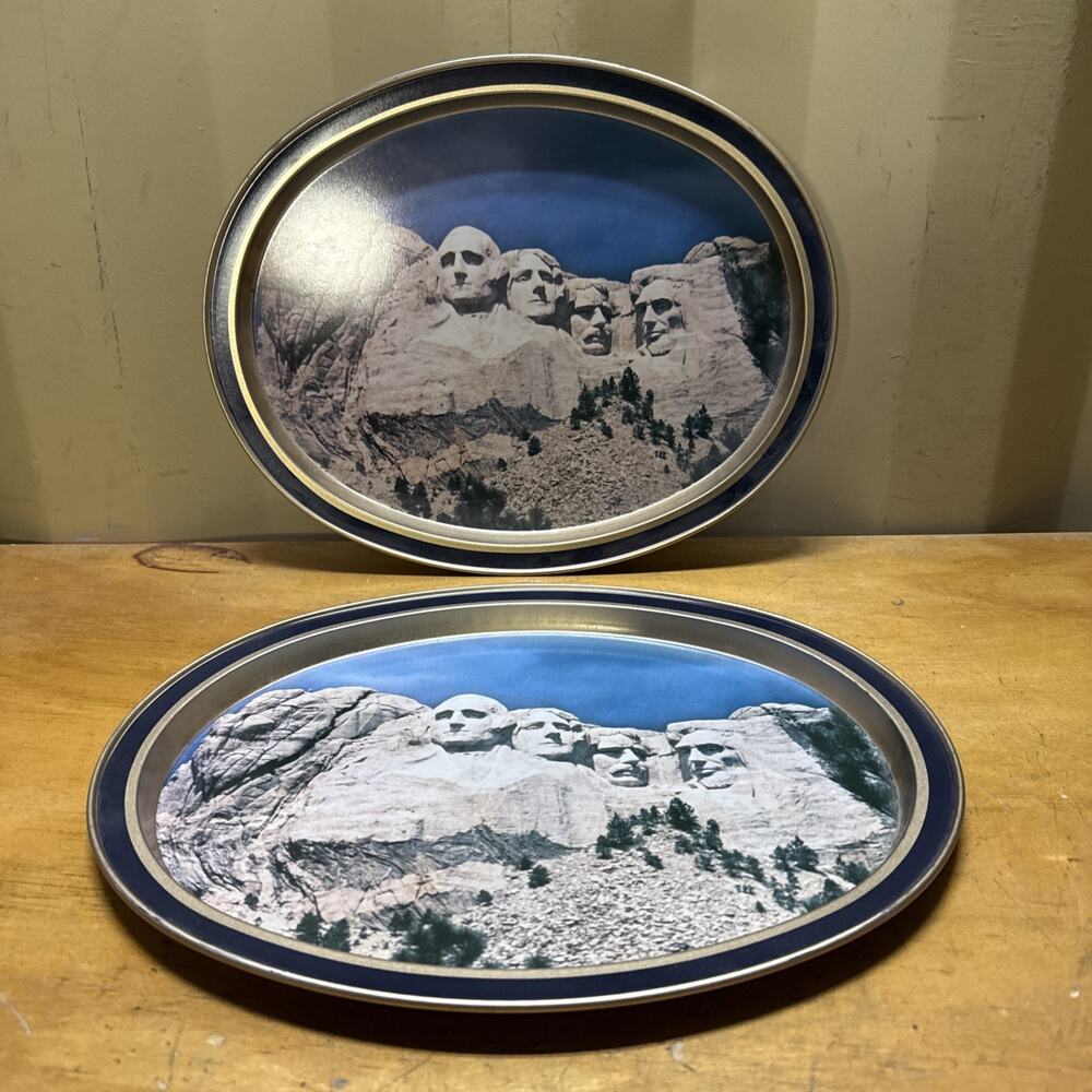 Mount Rushmore Scenic Vintage Travel Oval Metal Tray Set 2